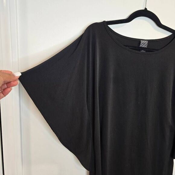 Clara Sun Woo Top Women's Small Black Batwing Flutter Sleeve Round Neck Stretch - Picture 2 of 5